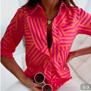 Pink and Orange Zigzag Stripe Button Front Blouse